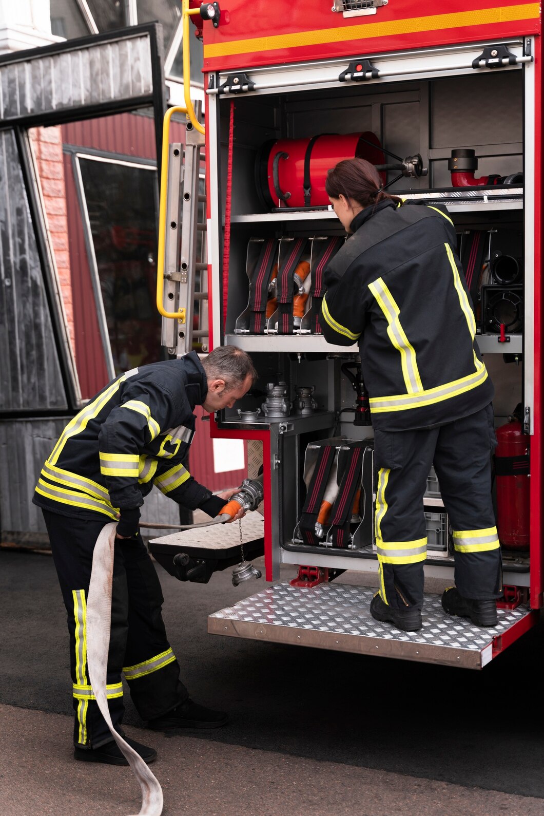 male female firefighters station working together_23 2149206454